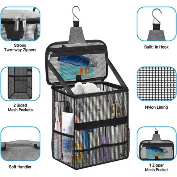 Large mesh shower caddy tote bag bathroom organizer travel gym dorm camping - Picture 4 of 8